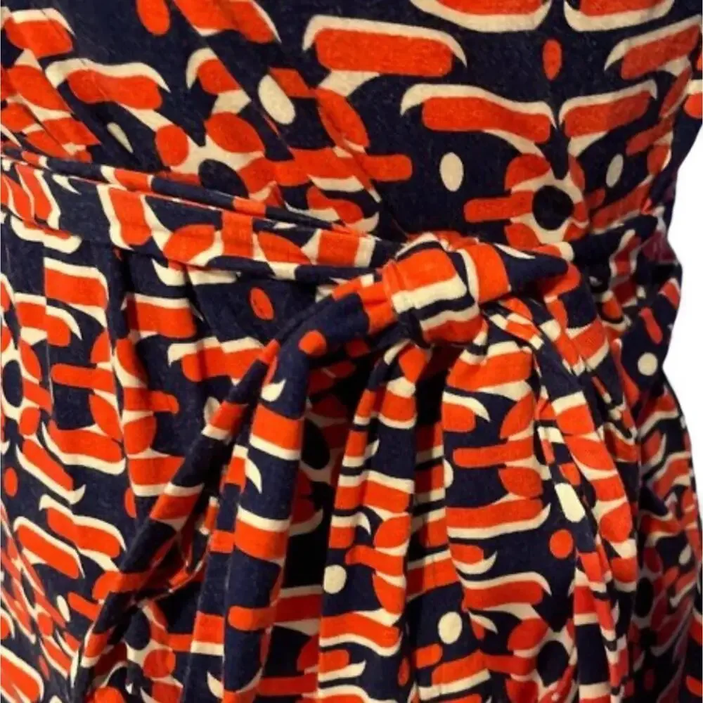 Felicity & Coco Wrap Dress Art Deco Print - Size XS Coral Red & Navy Long Sleeve
